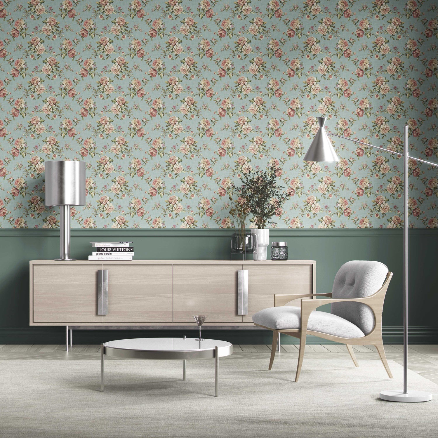English Floral Patterned Kitchen Wallpaper (Blue/ Pink/ Green)