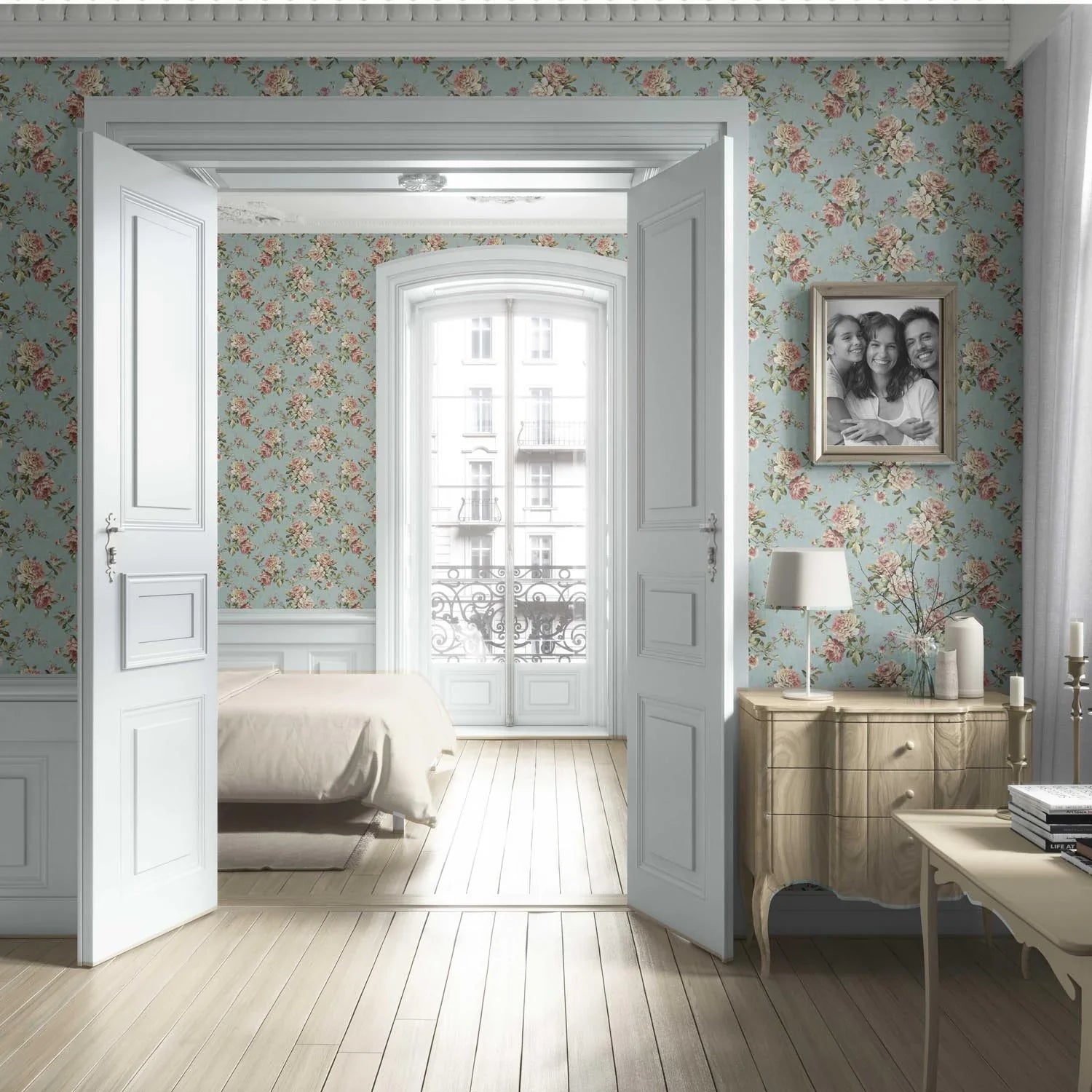 English Floral Patterned Living Room Wallpaper (Blue/ Pink/ Green)