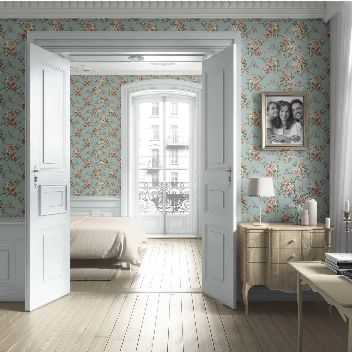 English Floral Patterned Living Room Wallpaper (Blue/ Pink/ Green)