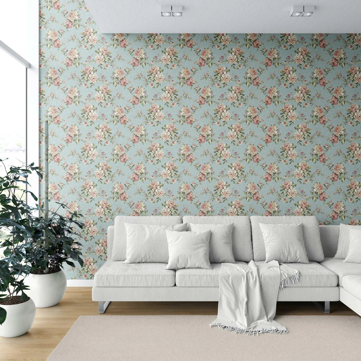 English Floral Patterned Shower Toilet Wallpaper (Blue/ Pink/ Green)