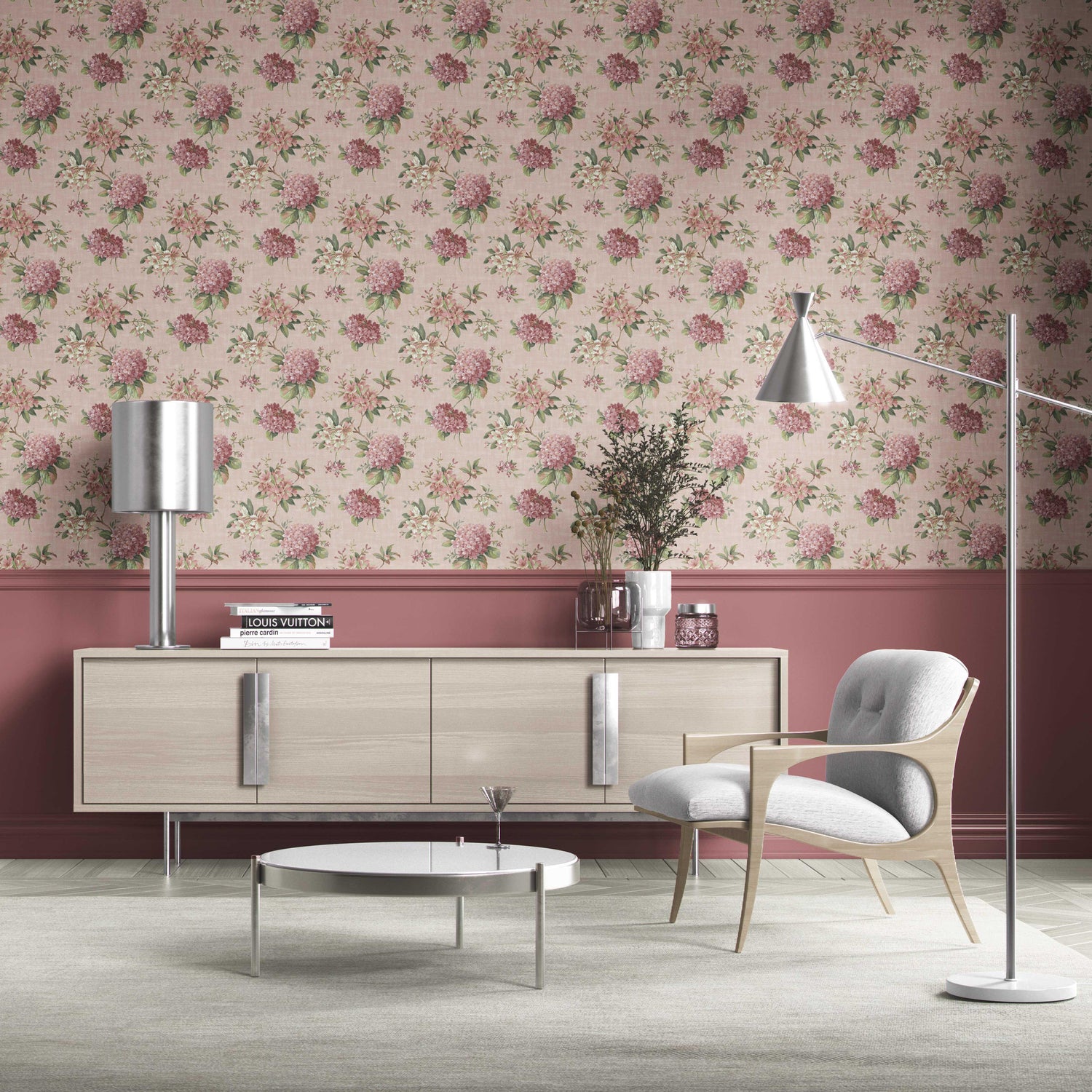 Modern Floral Block Print Kitchen Wallpaper (Pink/ Green)