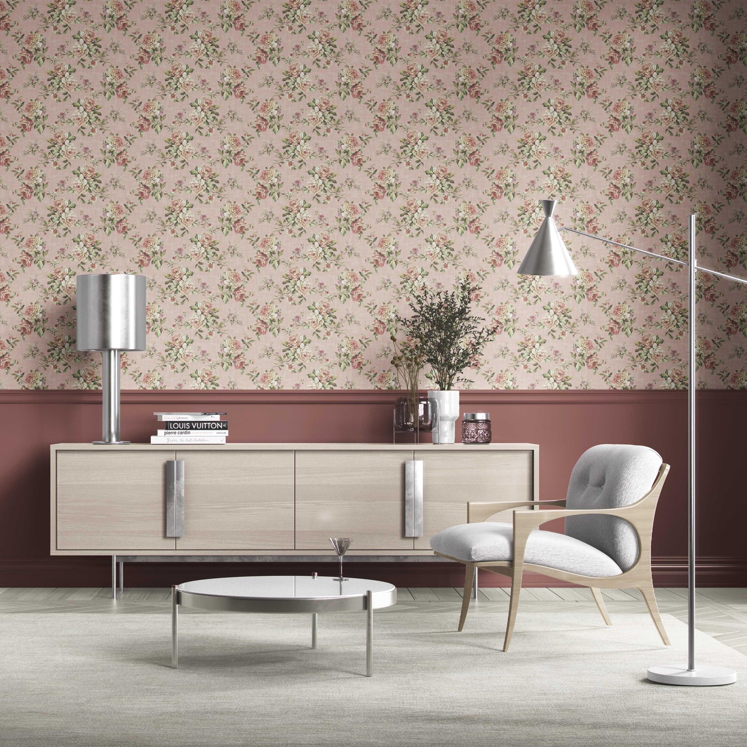 English Floral Patterned Kitchen Wallpaper (Dusty Rose Pink/ Green)