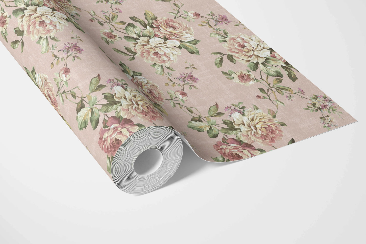 English Floral Patterned Bathroom Wallpaper (Dusty Rose Pink/ Green)