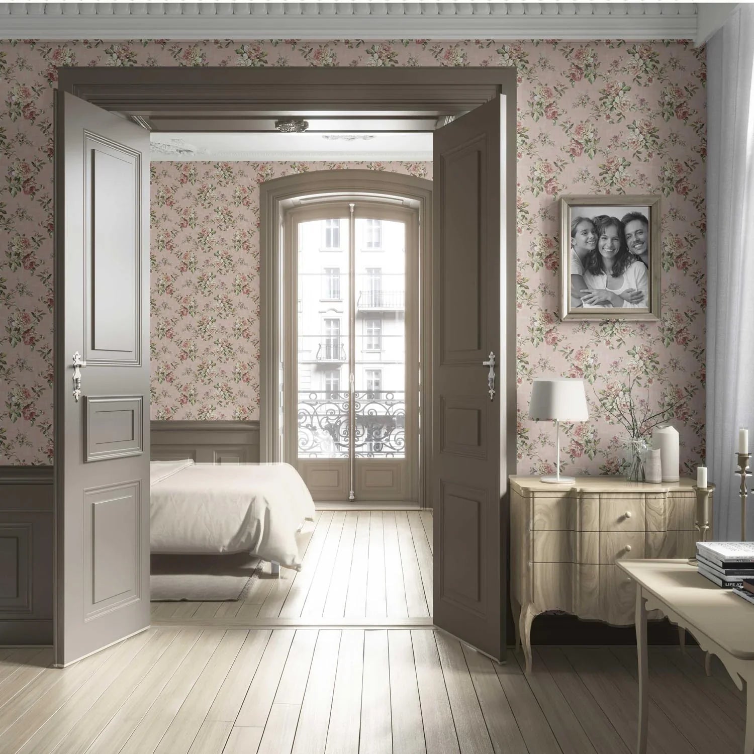 English Floral Patterned Living Room Wallpaper (Dusty Rose Pink/ Green)