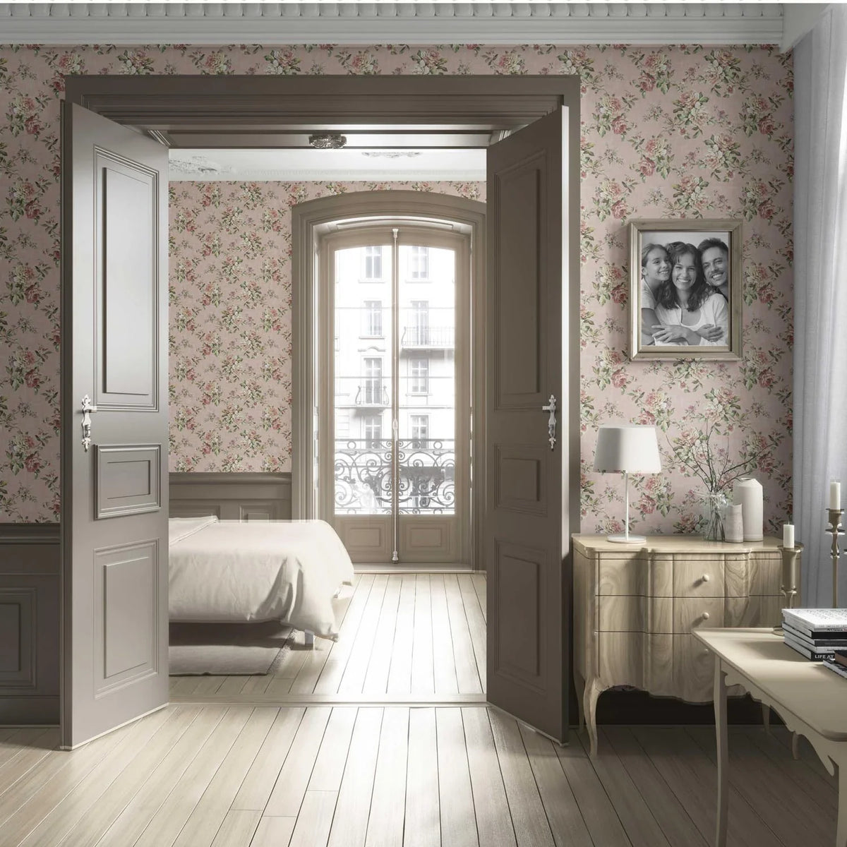 English Floral Patterned Living Room Wallpaper (Dusty Rose Pink/ Green)
