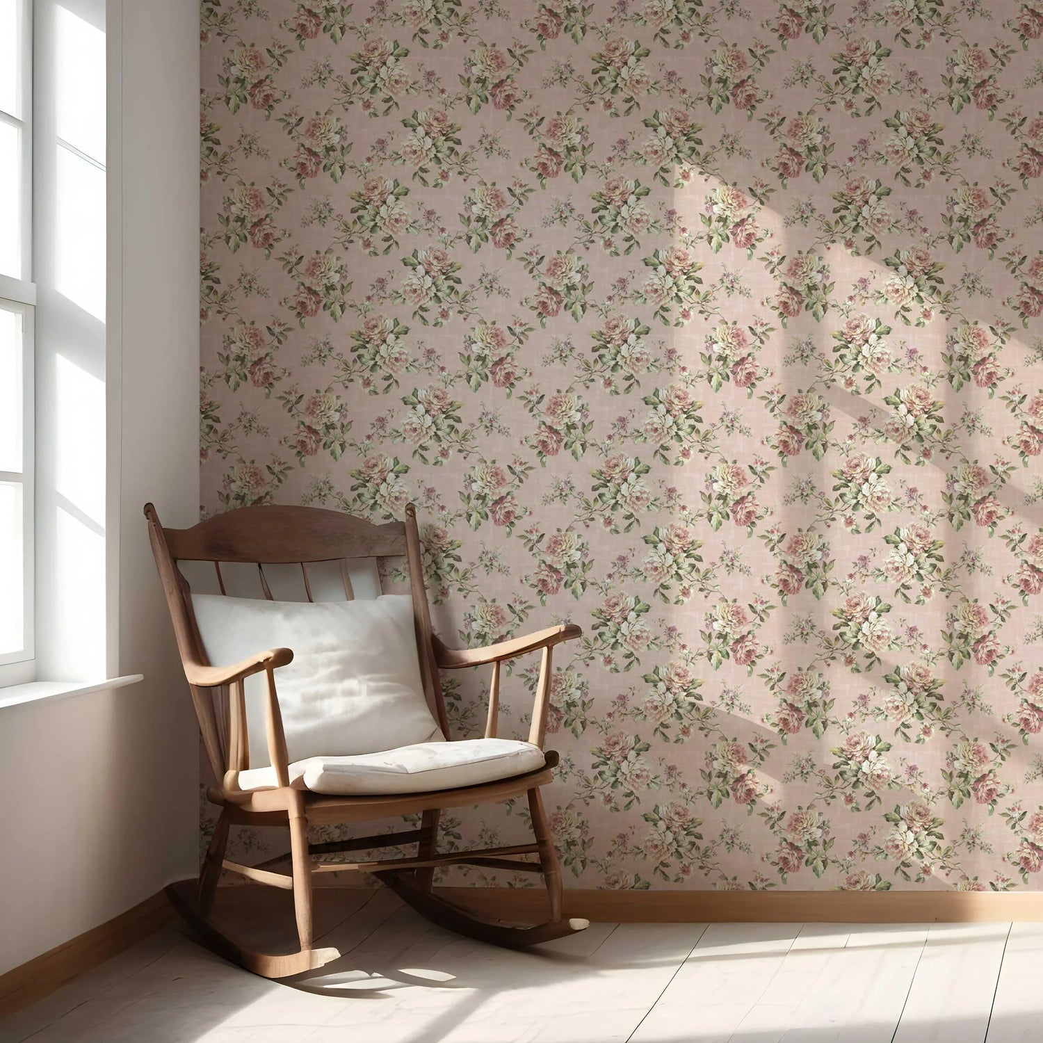 English Floral Patterned Nursery Wallpaper (Dusty Rose Pink/ Green)