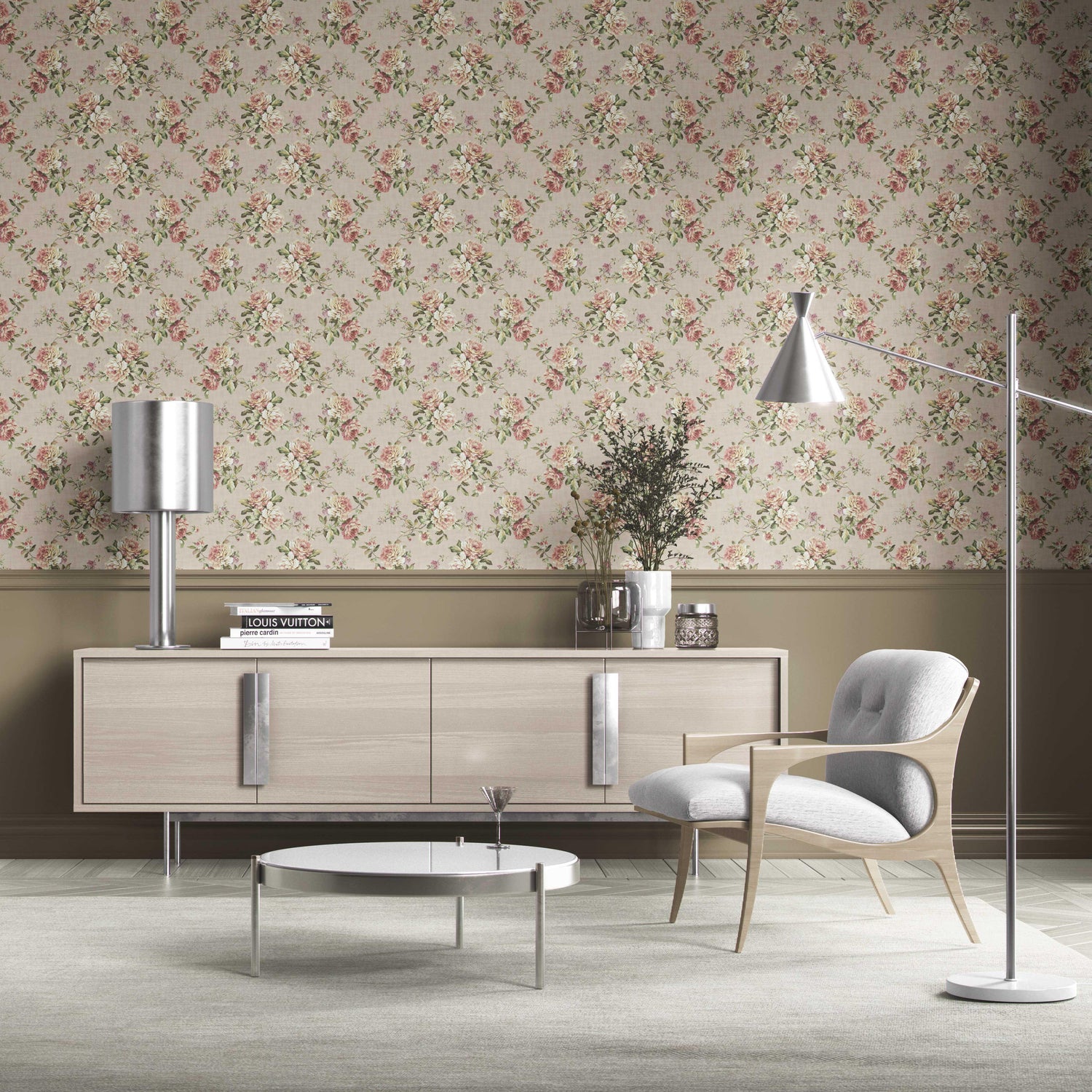 English Floral Patterned Kitchen Wallpaper (Beige/ Warm Grey/ Pink/ Green)