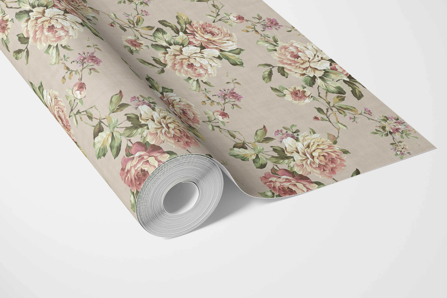 English Floral Patterned Bathroom Wallpaper (Beige/ Warm Grey/ Pink/ Green)