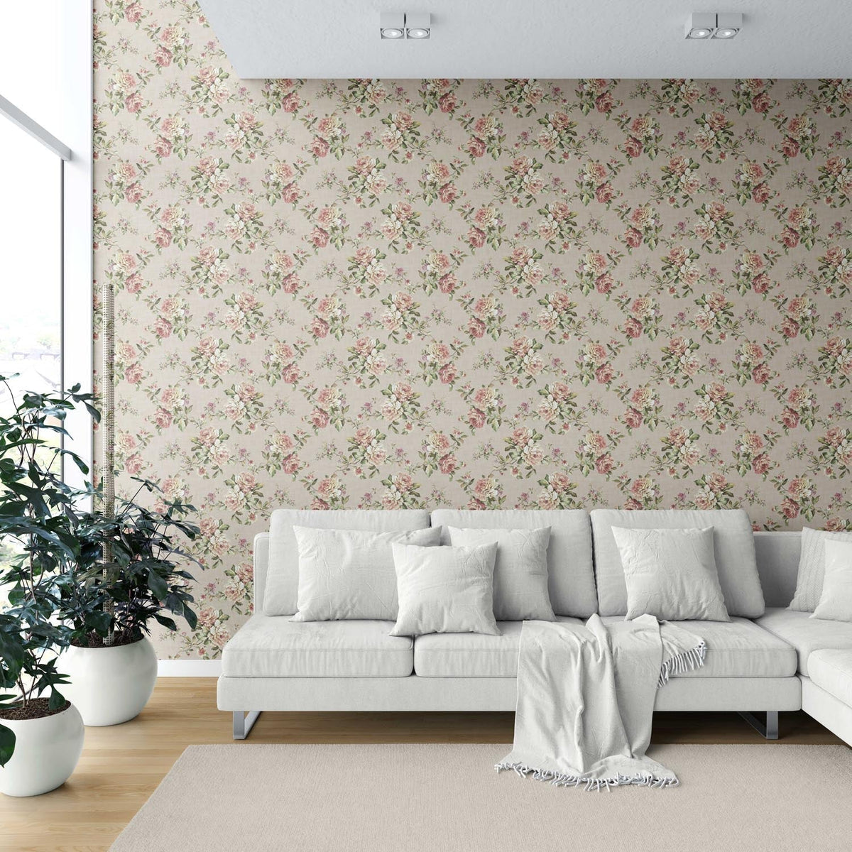 English Floral Patterned Shower Toilet Wallpaper (Beige/ Warm Grey/ Pink/ Green)