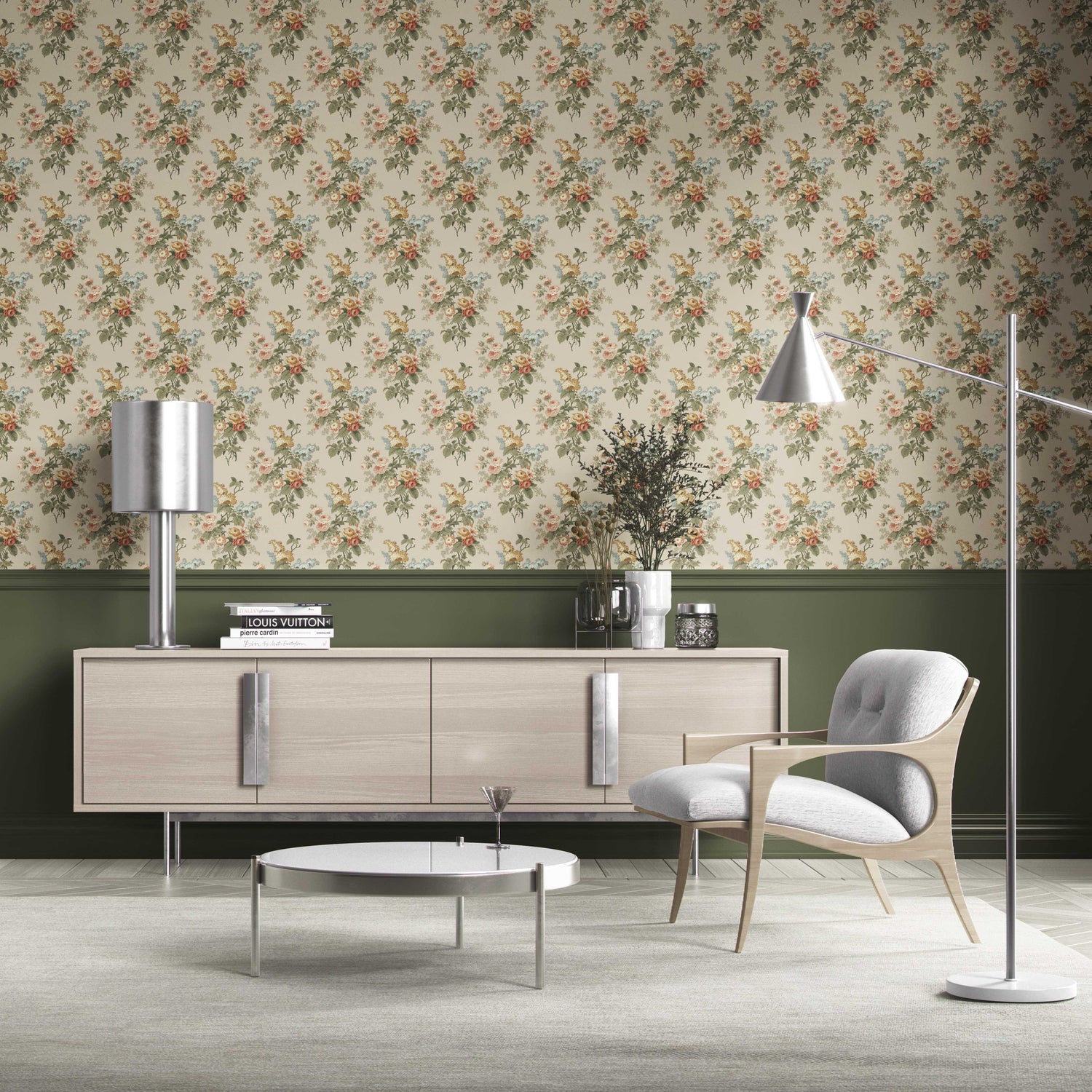 English Floral Print Kitchen Wallpaper (Beige/ Green/ Orange/ Yellow)