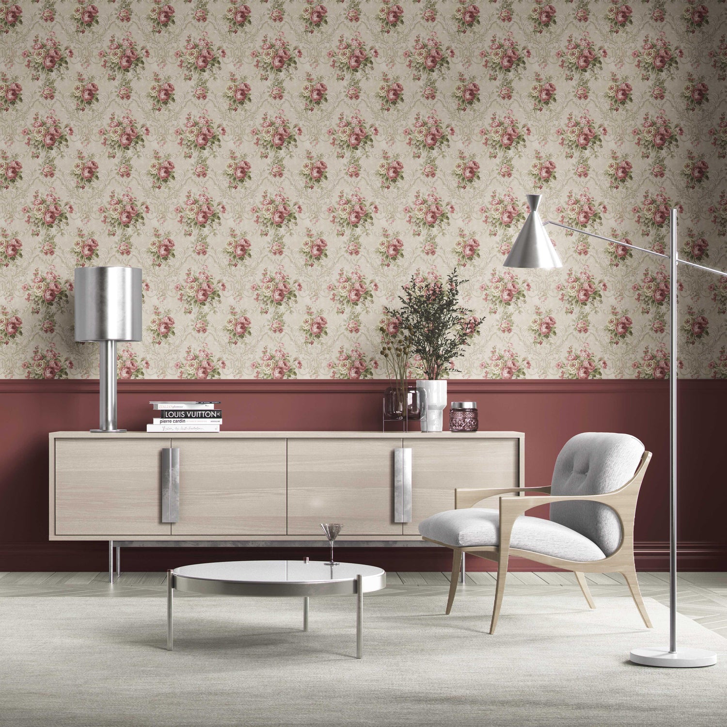 Floral Damask Patterned Kitchen Wallpaper (Beige/ Pink/ Green)