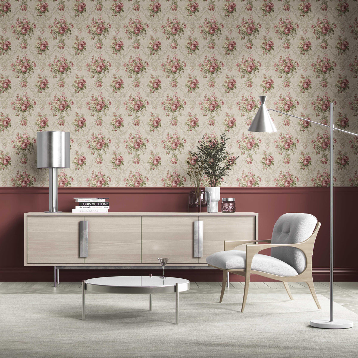 Floral Damask Patterned Kitchen Wallpaper (Beige/ Pink/ Green)