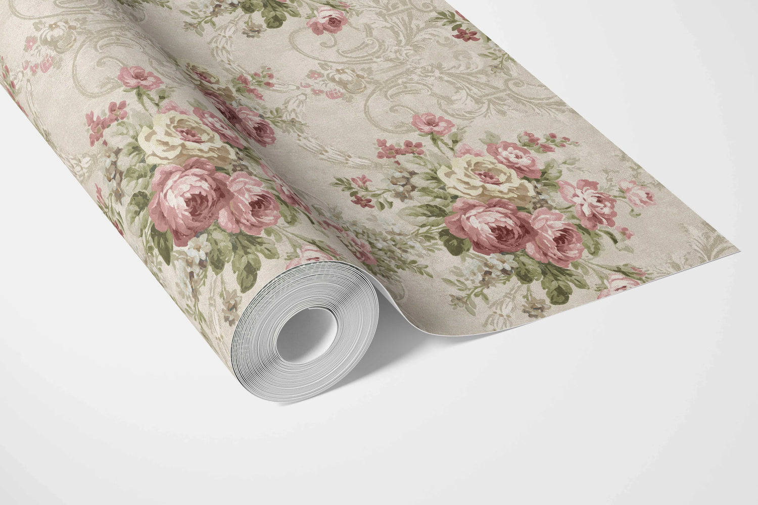 Floral Damask Patterned Bathroom Wallpaper (Beige/ Pink/ Green)