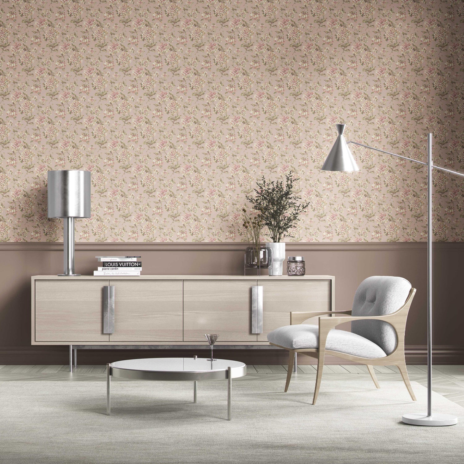 Chinoiserie/ English Floral Kitchen Wallpaper (Light Pink/ Peach/ Cream/ Green)