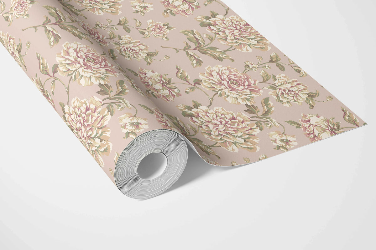 Chinoiserie/ English Floral Bathroom Wallpaper (Light Pink/ Peach/ Cream/ Green)