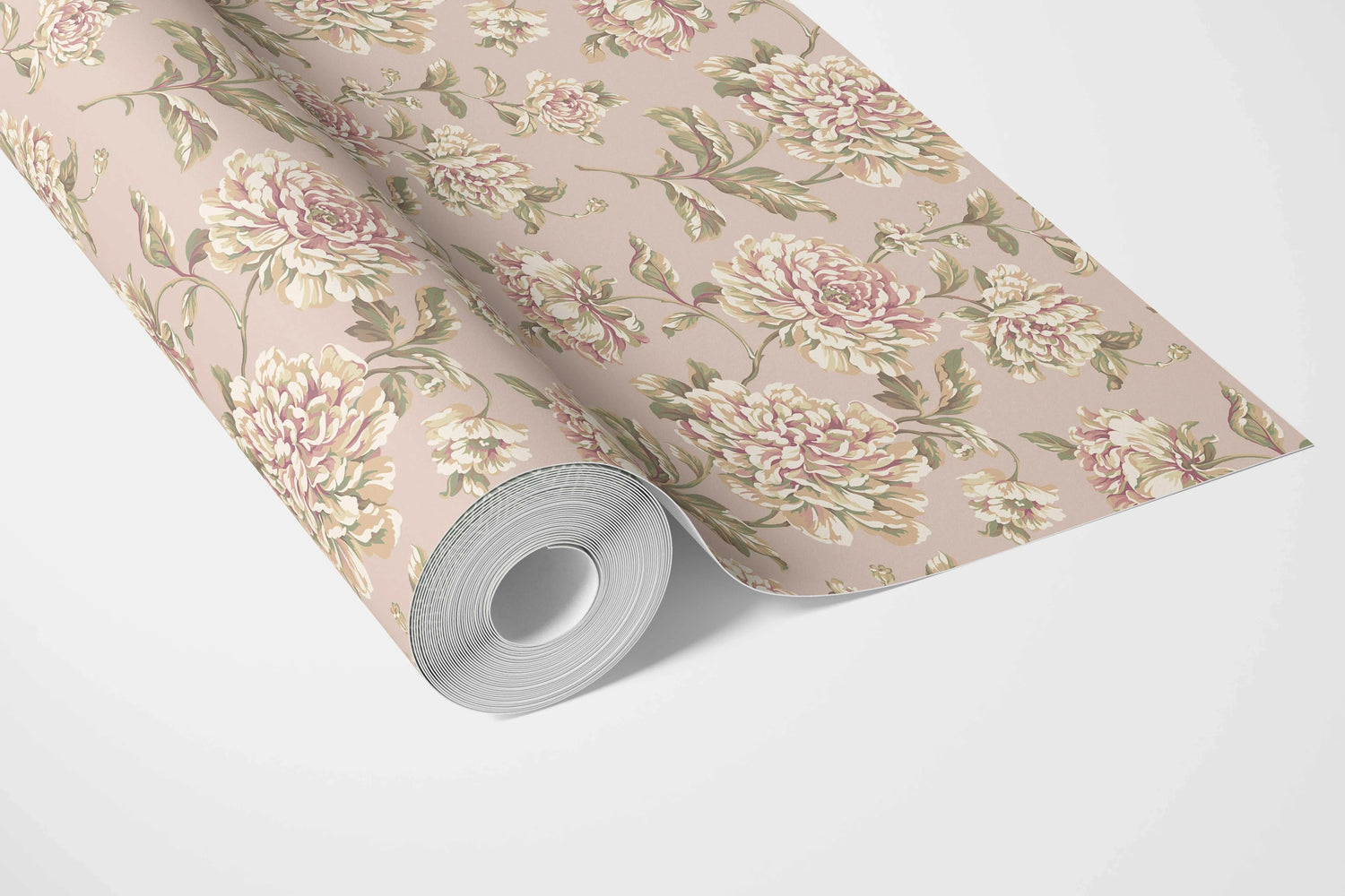 Chinoiserie/ English Floral Bathroom Wallpaper (Light Pink/ Peach/ Cream/ Green)