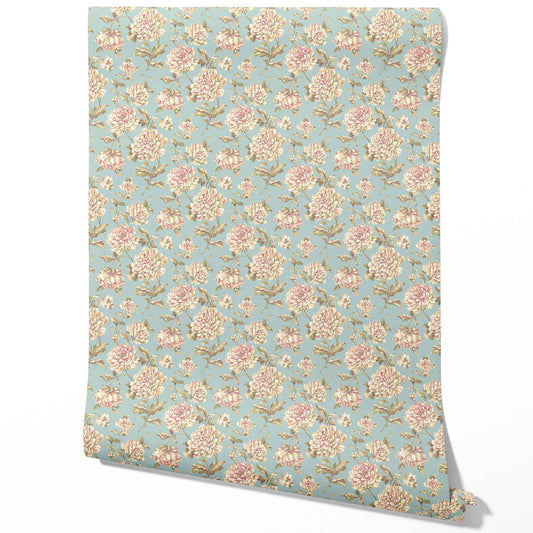 Chinoiserie/ English Floral Traditional Wallpaper (Blue/ Cream/ Beige/ Pink/ Green)