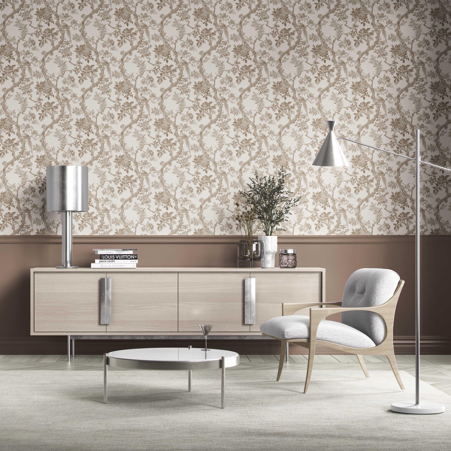 Floral Toile/ Bird Print Chinoiserie Kitchen Wallpaper (Beige/ Taupe/ Brown)