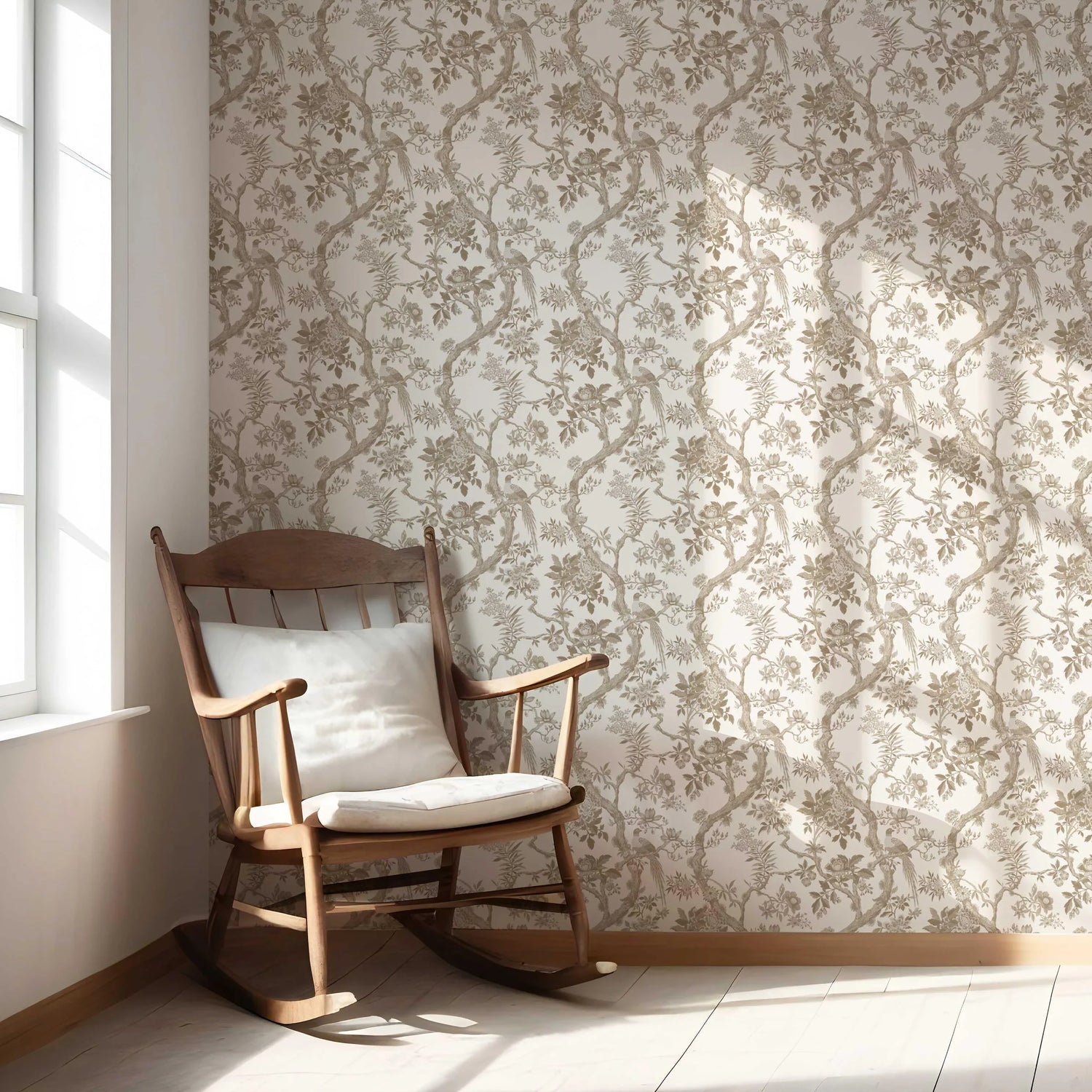 Floral Toile/ Bird Print Chinoiserie Nursery Wallpaper (Beige/ Taupe/ Brown)