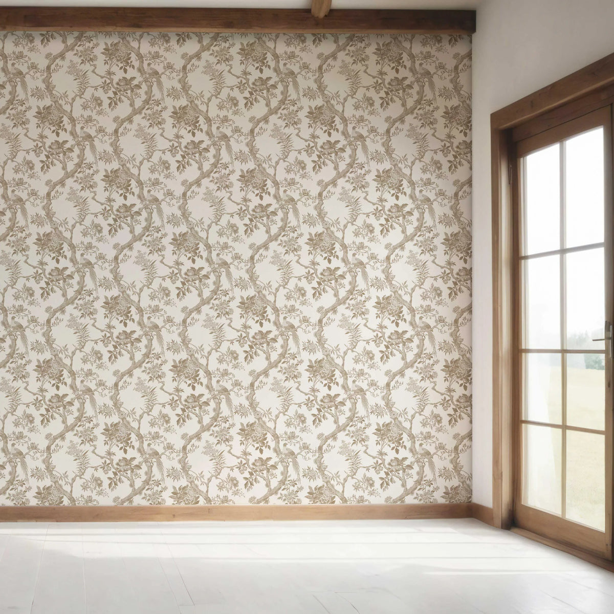Floral Toile/ Bird Print Chinoiserie Bedroom Wallpaper (Beige/ Taupe/ Brown)