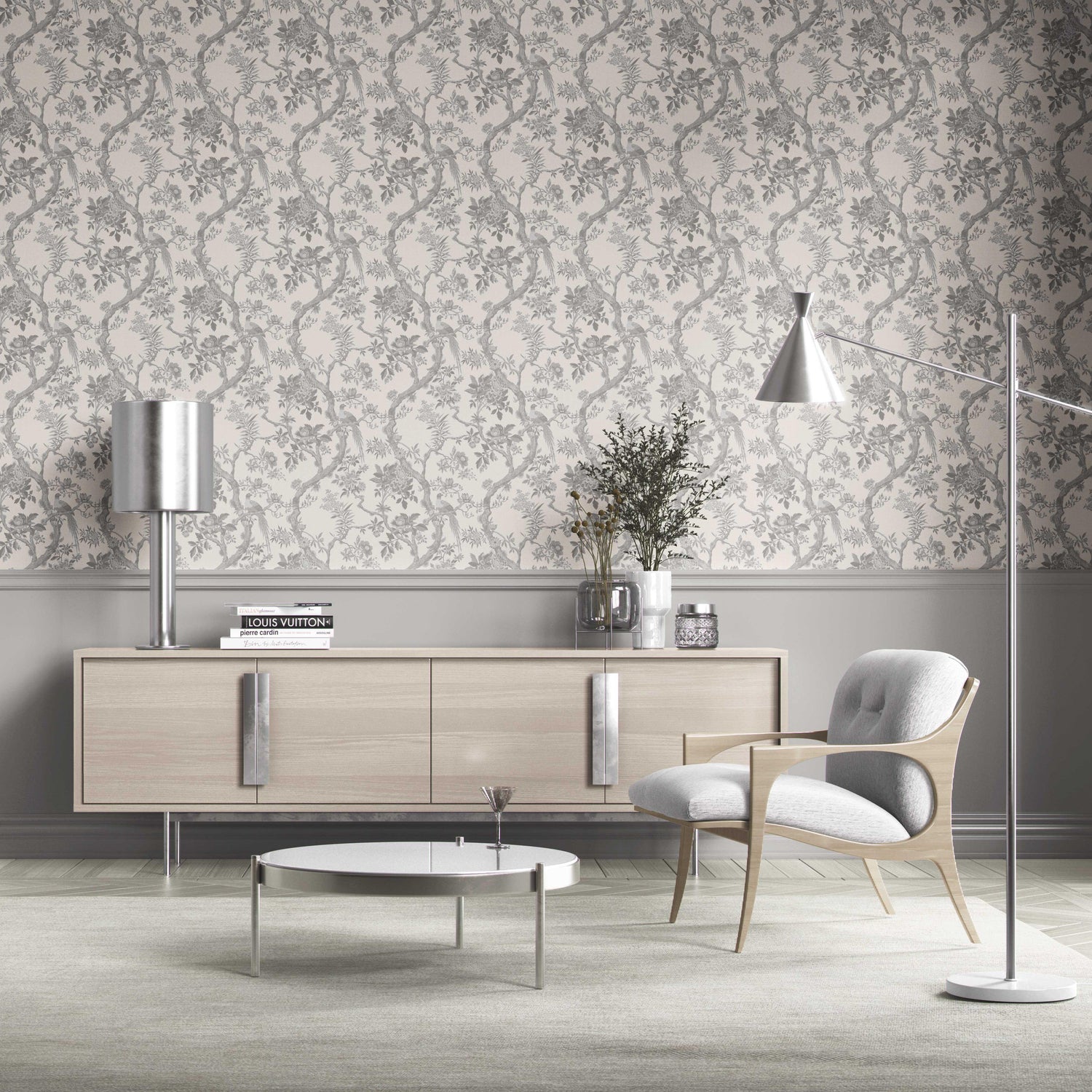 Floral Toile/ Bird Print Chinoiserie Kitchen Wallpaper (Dove Grey/ Off-White)