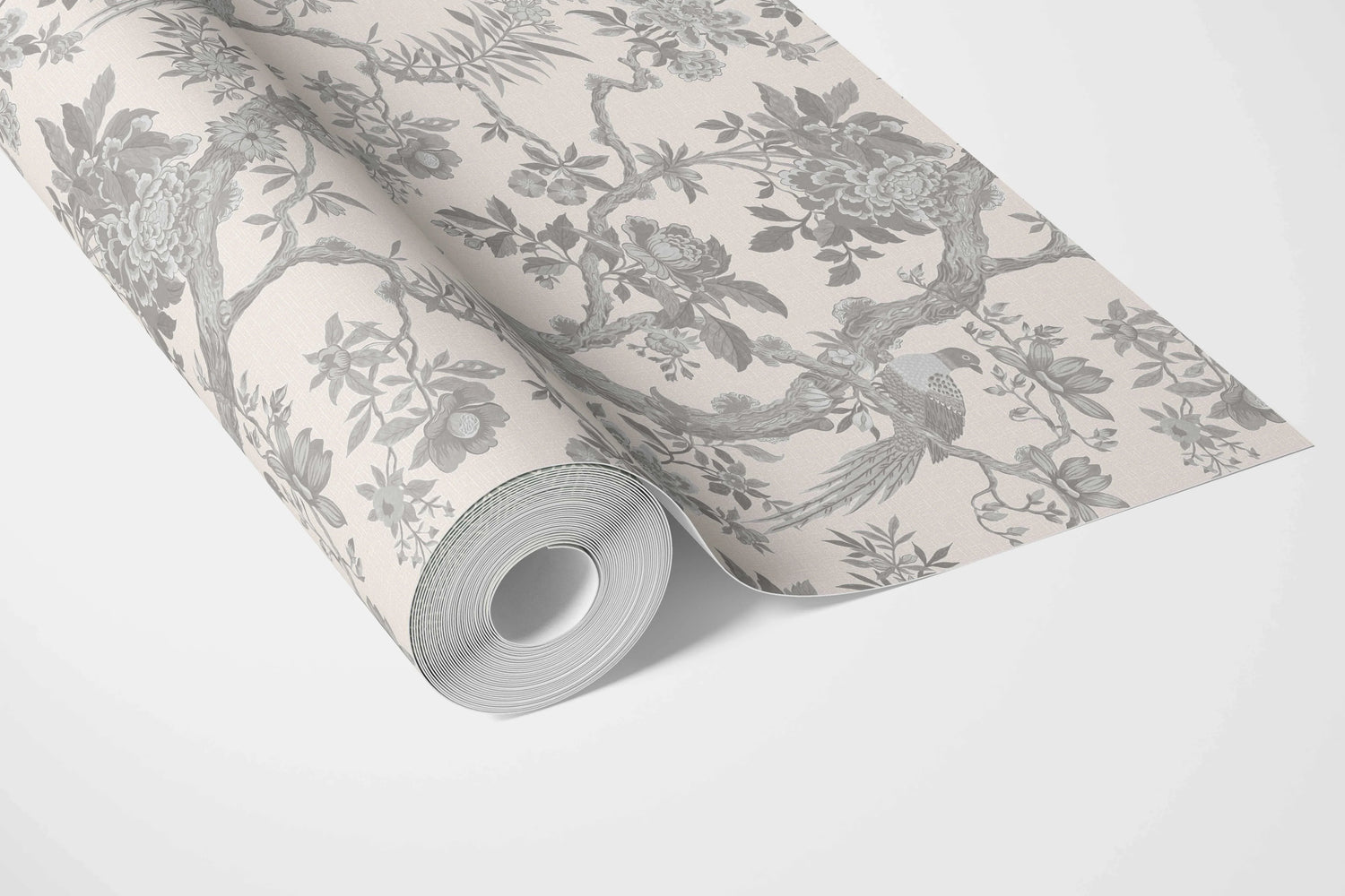 Floral Toile/ Bird Print Chinoiserie Bathroom Wallpaper (Dove Grey/ Off-White)