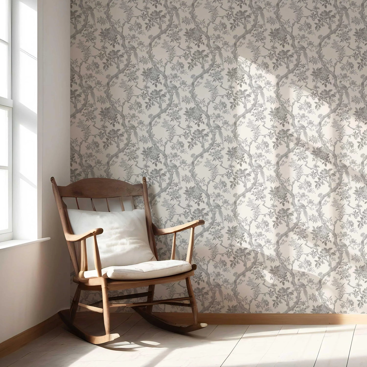 Floral Toile/ Bird Print Chinoiserie Nursery Wallpaper (Dove Grey/ Off-White)