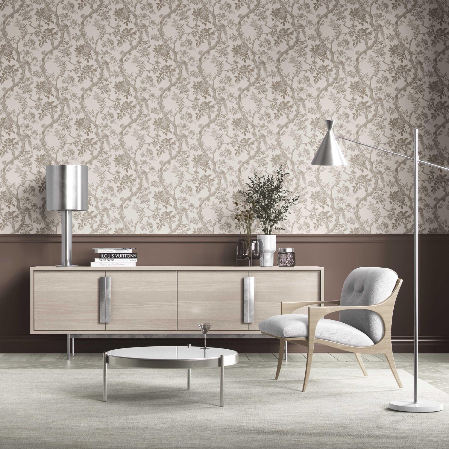 Floral Toile/ Bird Print Chinoiserie Kitchen Wallpaper (Brown/ Beige/ Taupe)