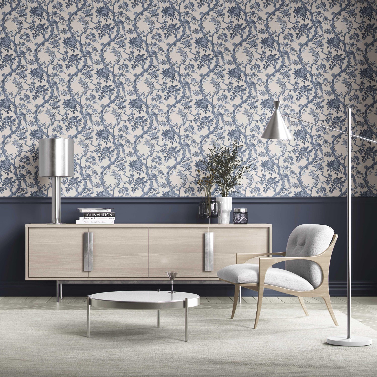 Floral Toile/ Bird Print Chinoiserie Kitchen Wallpaper (Navy Blue/ Off-White)