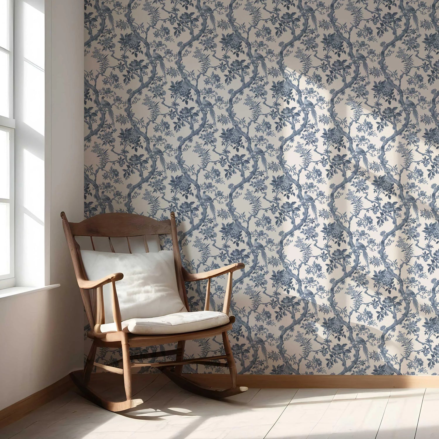 Floral Toile/ Bird Print Chinoiserie Nursery Wallpaper (Navy Blue/ Off-White)