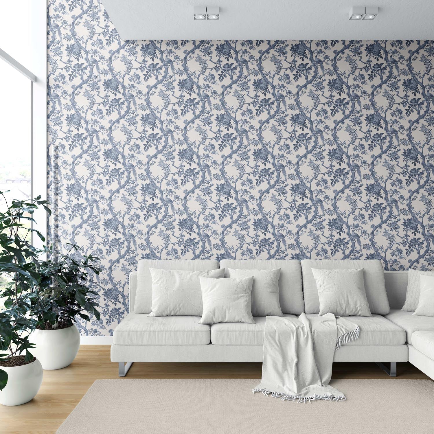 Floral Toile/ Bird Print Chinoiserie Shower Toilet Wallpaper (Navy Blue/ Off-White)