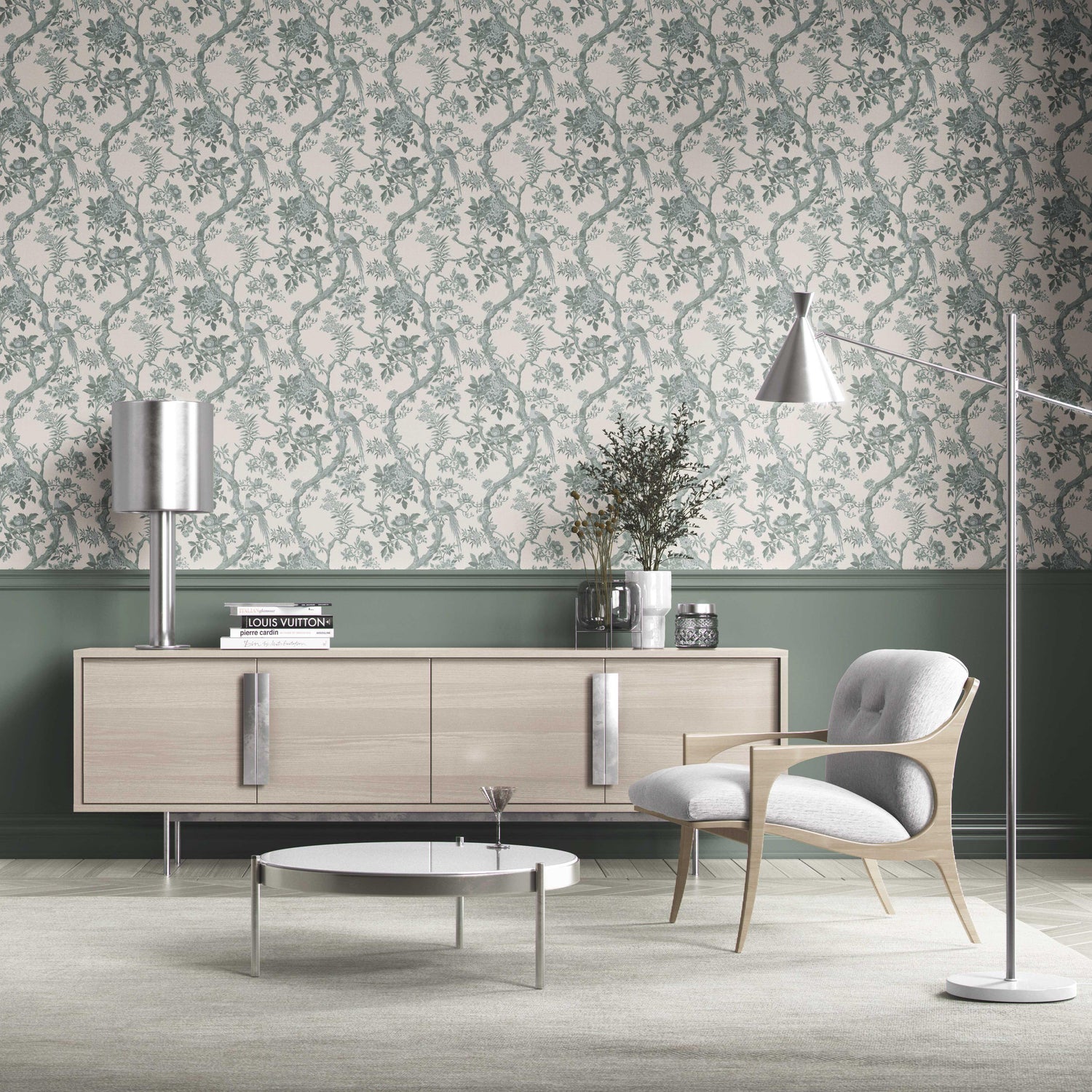 Floral Toile/ Bird Print Chinoiserie Kitchen Wallpaper (Grey-Green)