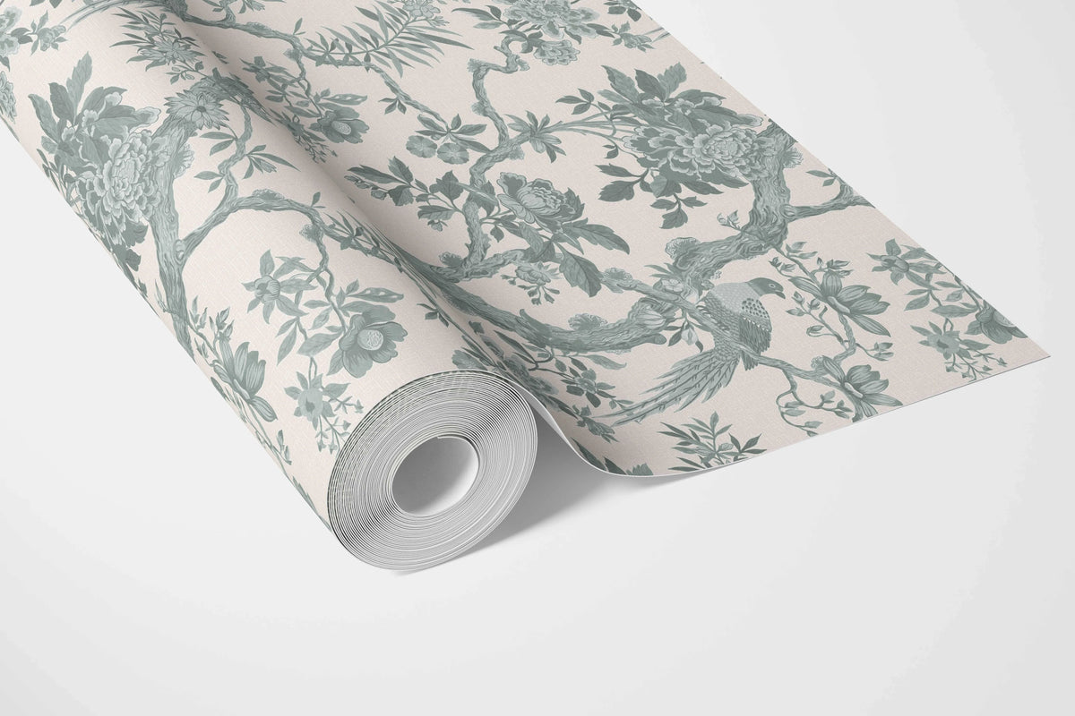 Floral Toile/ Bird Print Chinoiserie Bathroom Wallpaper (Grey-Green)