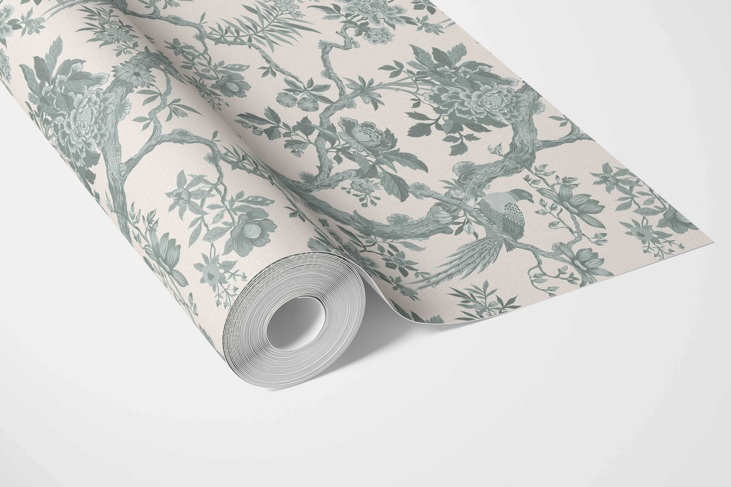 Floral Toile/ Bird Print Chinoiserie Bathroom Wallpaper (Grey-Green)
