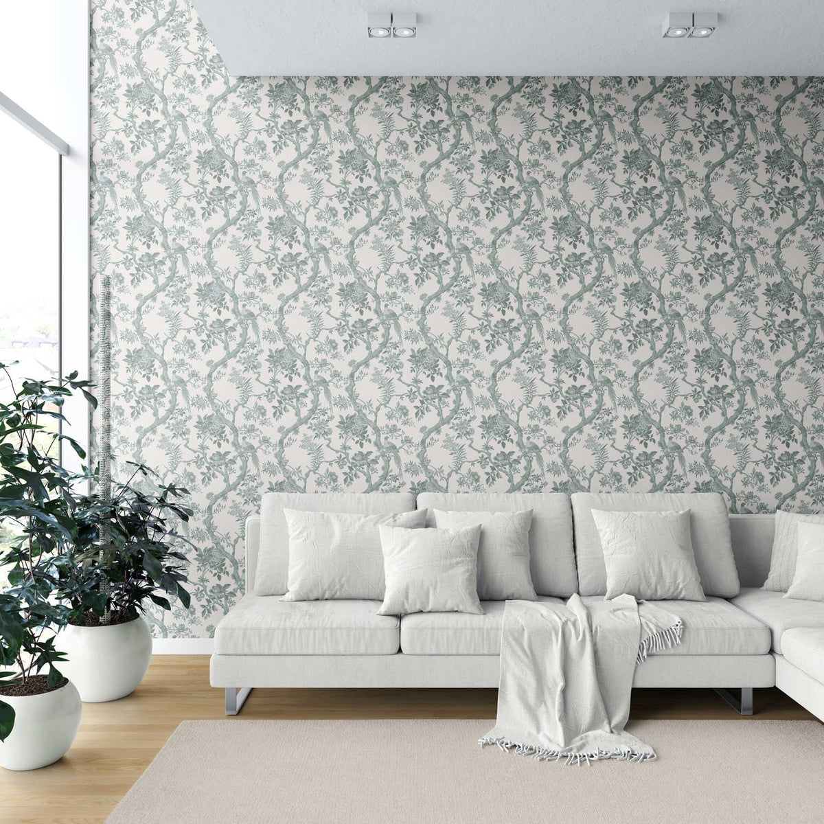 Floral Toile/ Bird Print Chinoiserie Shower Toilet Wallpaper (Grey-Green)