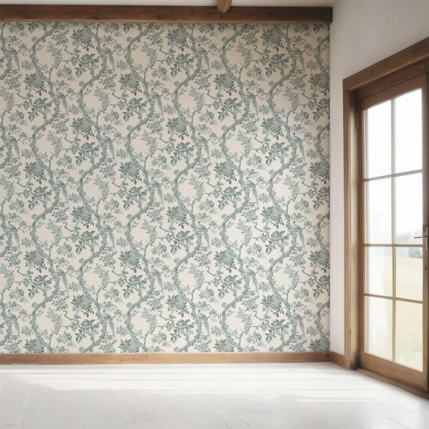 Floral Toile/ Bird Print Chinoiserie Bedroom Wallpaper (Grey-Green)