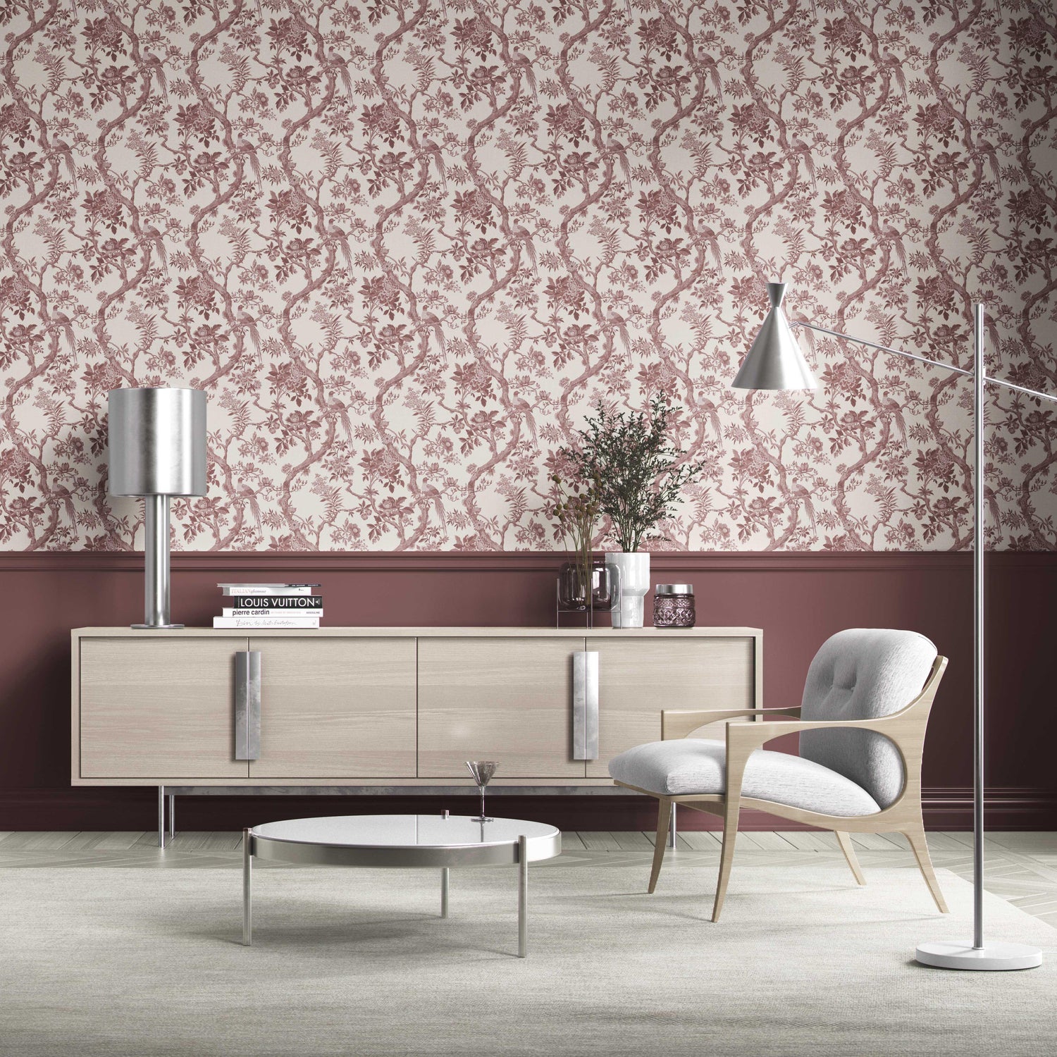 Floral Toile/ Bird Print Chinoiserie Kitchen Wallpaper (Brick Red/ Burgundy)