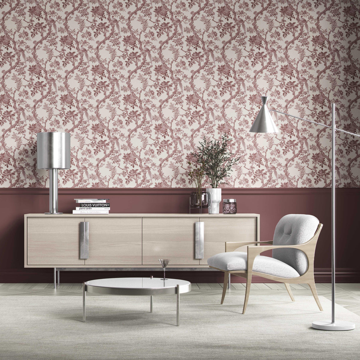 Floral Toile/ Bird Print Chinoiserie Kitchen Wallpaper (Brick Red/ Burgundy)