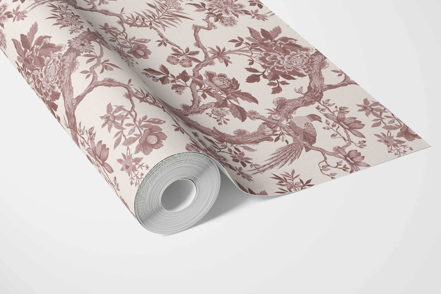 Floral Toile/ Bird Print Chinoiserie Bathroom Wallpaper (Brick Red/ Burgundy)