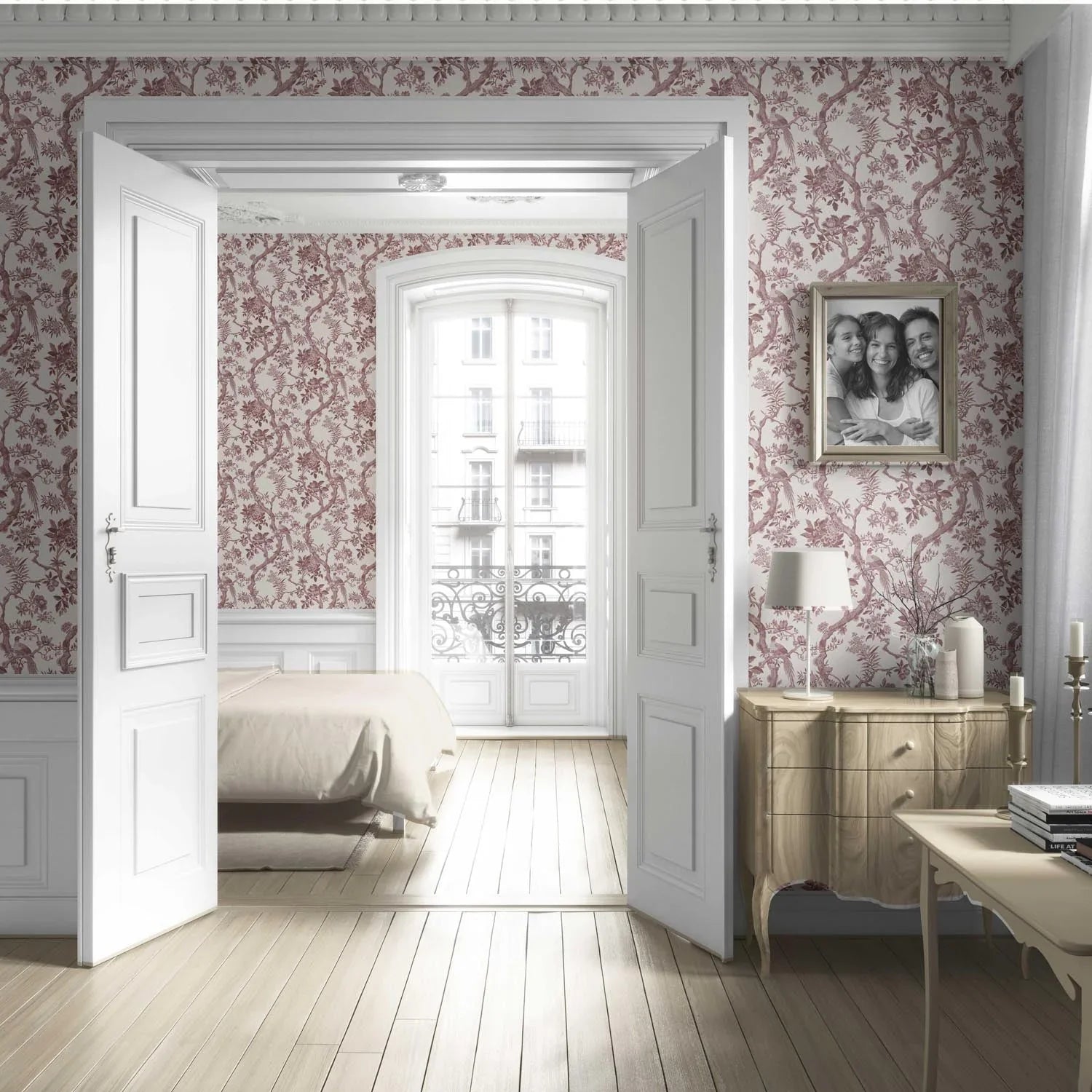 Floral Toile/ Bird Print Chinoiserie Living Room Wallpaper (Brick Red/ Burgundy)