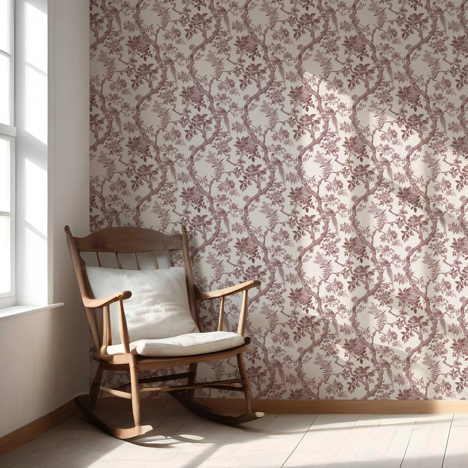 Floral Toile/ Bird Print Chinoiserie Nursery Wallpaper (Brick Red/ Burgundy)