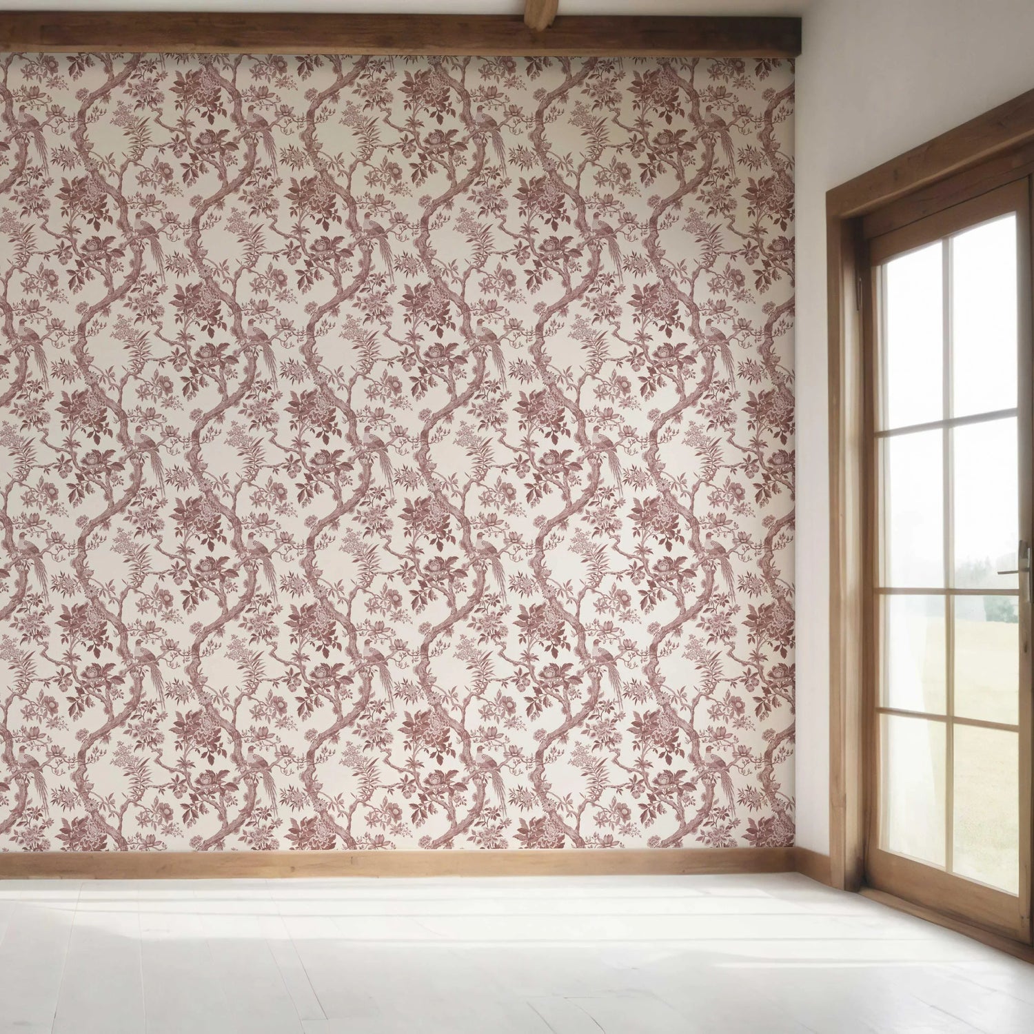 Floral Toile/ Bird Print Chinoiserie Bedroom Wallpaper (Brick Red/ Burgundy)