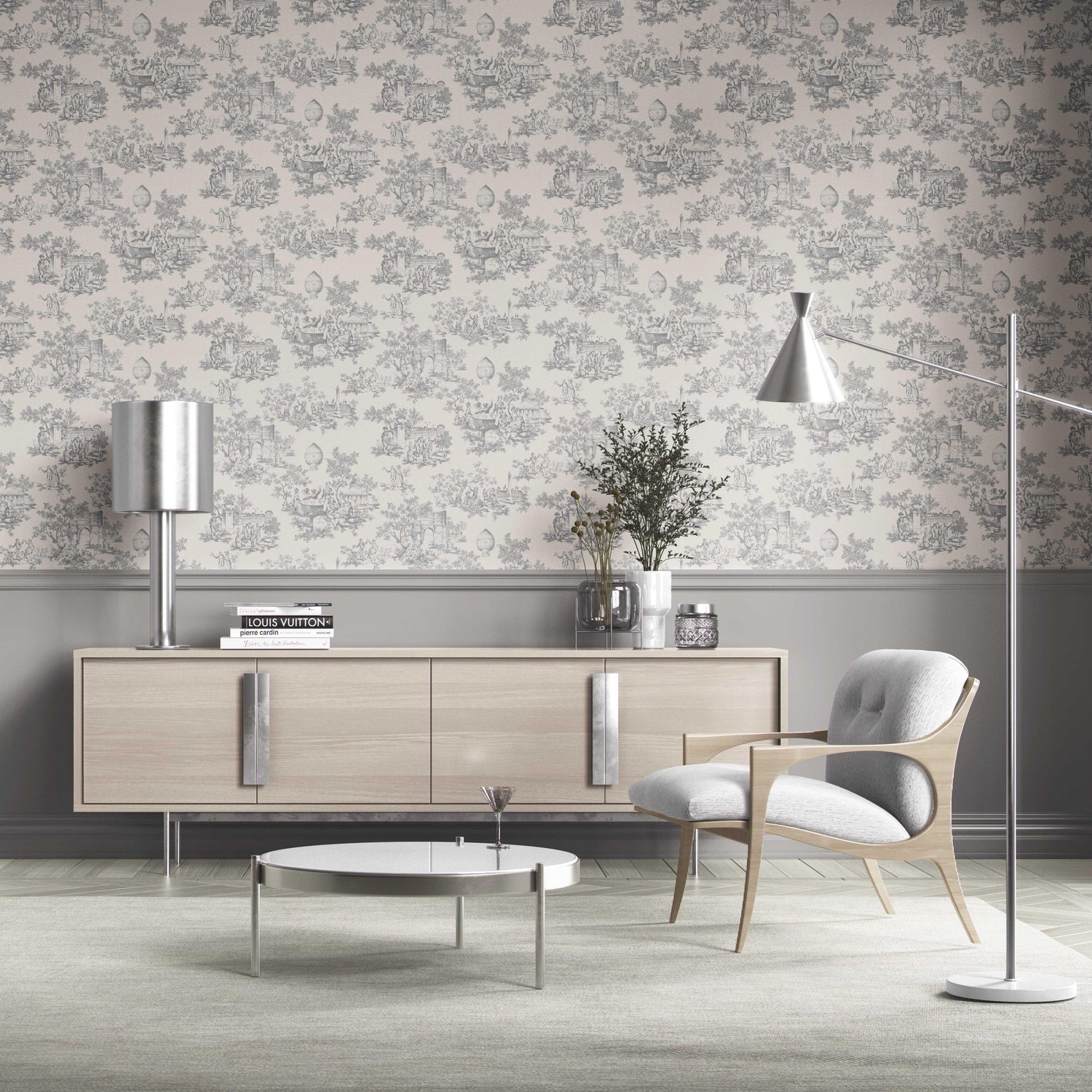 Toile de Jouy/ Nature Print Kitchen Wallpaper (Dove Gray/ Off-White)