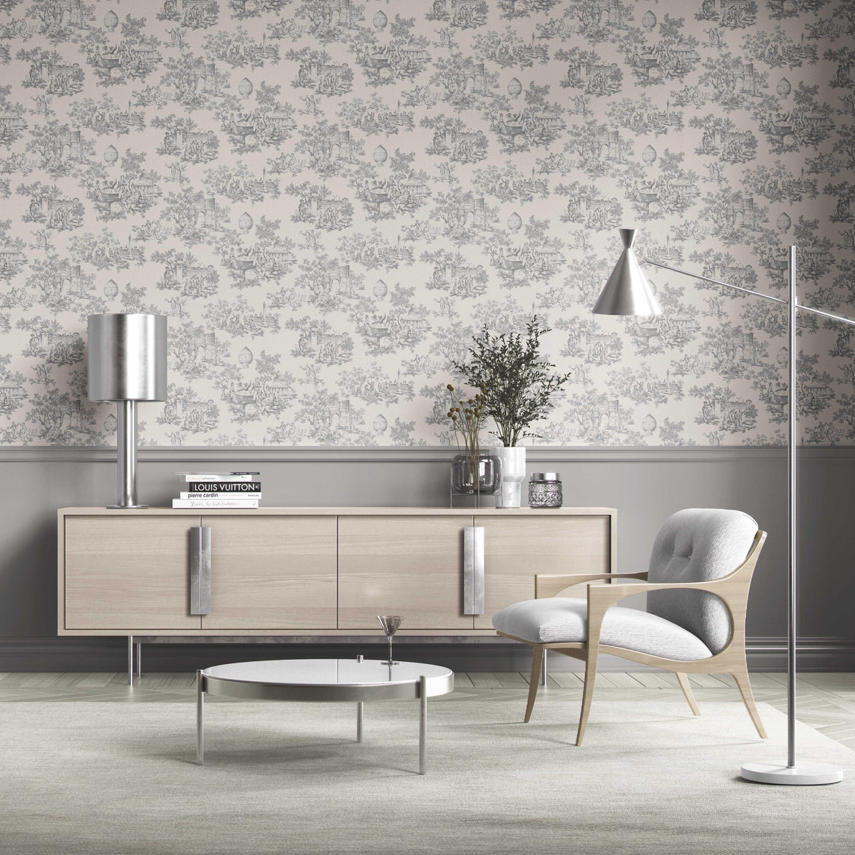 Toile de Jouy/ Nature Print Kitchen Wallpaper (Dove Gray/ Off-White)
