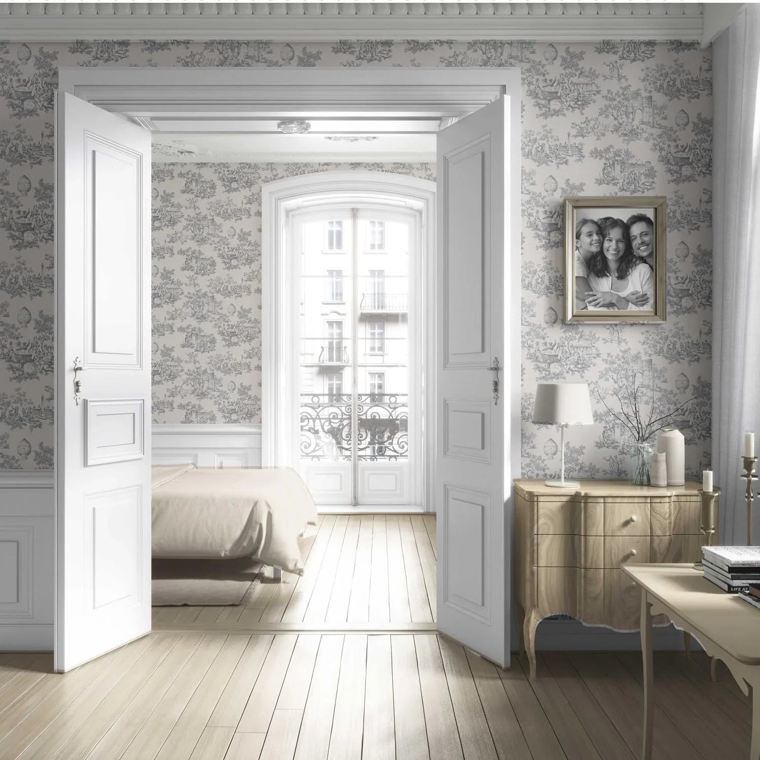 Toile de Jouy/ Nature Print Living Room Wallpaper (Dove Gray/ Off-White)