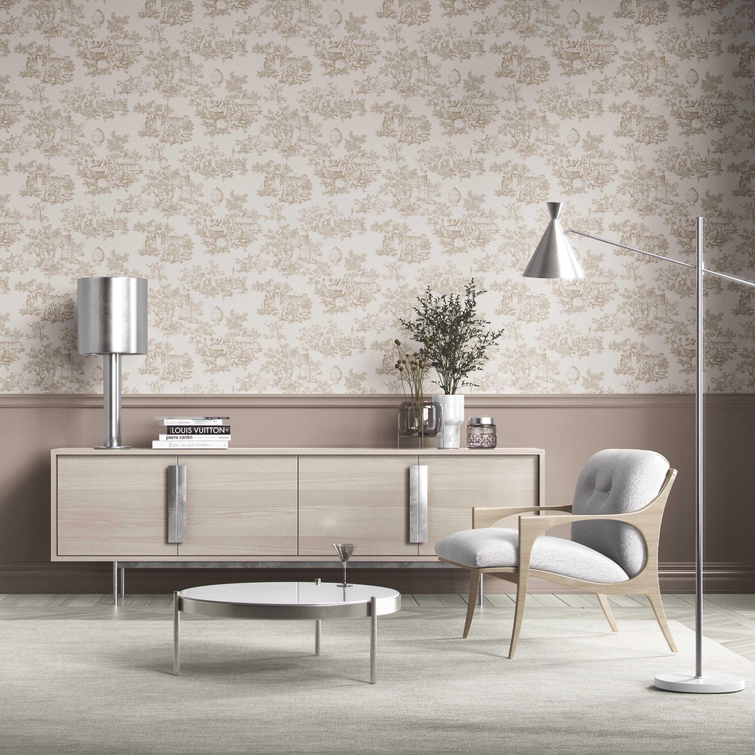 Toile de Jouy/ Nature Print Kitchen Wallpaper (Beige/ Brown/ Taupe)