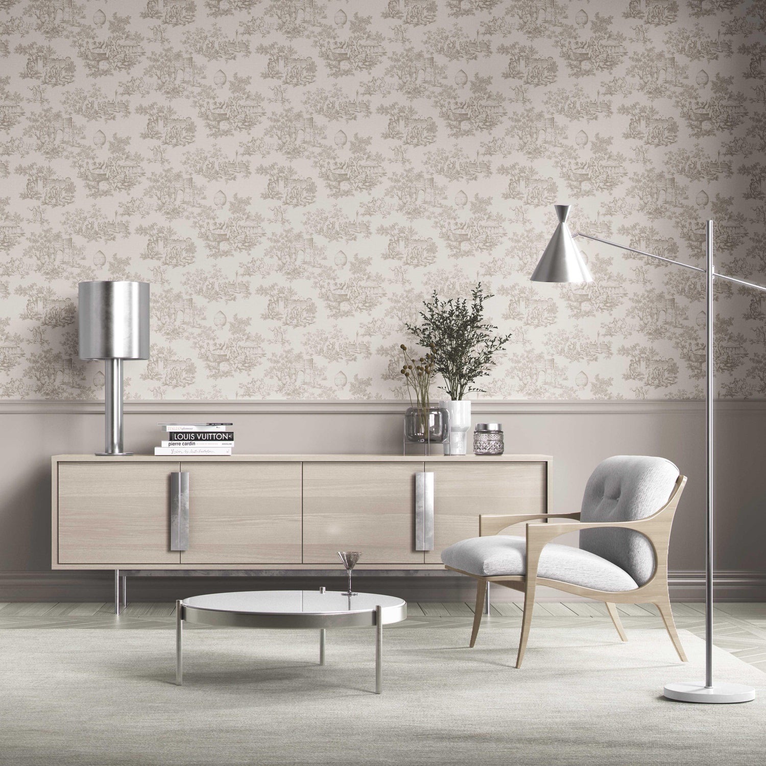 Toile de Jouy/ Nature Print Kitchen Wallpaper (Beige/ Greige/ Off-White)