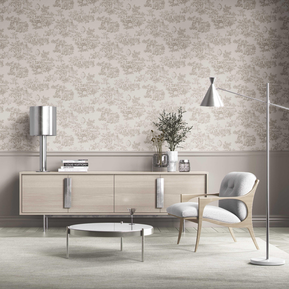 Toile de Jouy/ Nature Print Kitchen Wallpaper (Beige/ Greige/ Off-White)