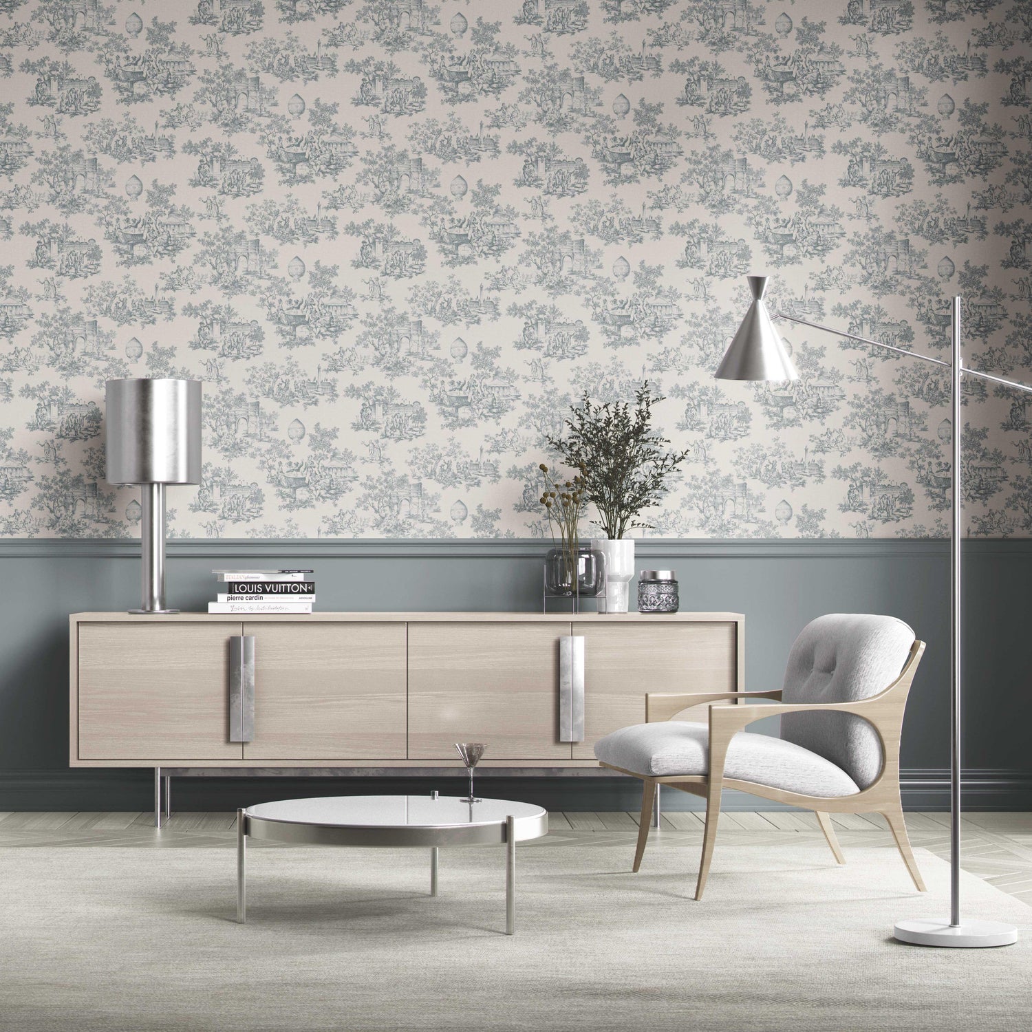 Toile de Jouy/ Nature Print Kitchen Wallpaper (Blue/ Gray/ Off-White)