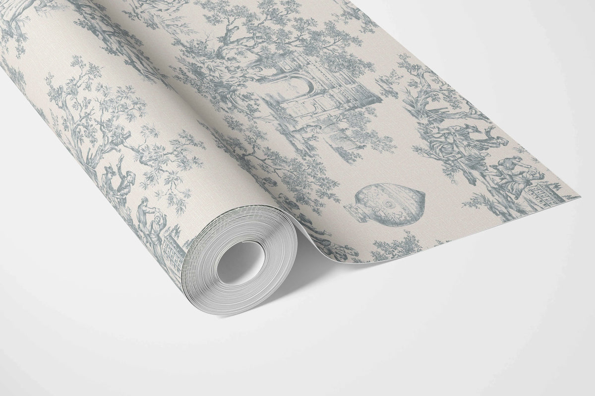 Toile de Jouy/ Nature Print Bathroom Wallpaper (Blue/ Gray/ Off-White)